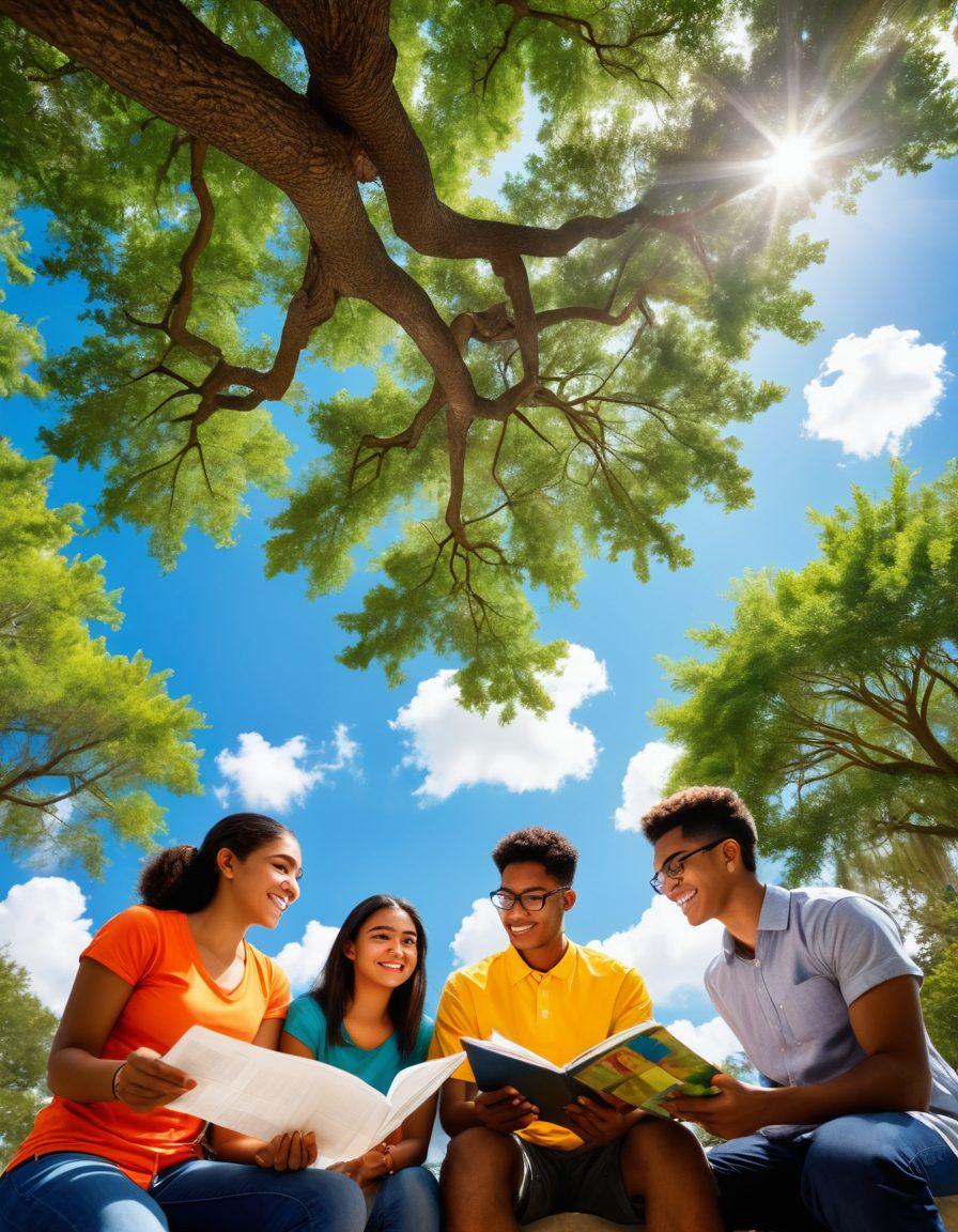 A diverse group of college students engaging in a study session under the shade of a large tree on the UCF campus, surrounded by vibrant greenery and modern buildings. The expressions on their faces convey determination and teamwork, while colorful campus resources brochures are scattered around them. A sunny sky with a few fluffy clouds highlights a sense of optimism and opportunity. super-realistic. vibrant colors. 3D.