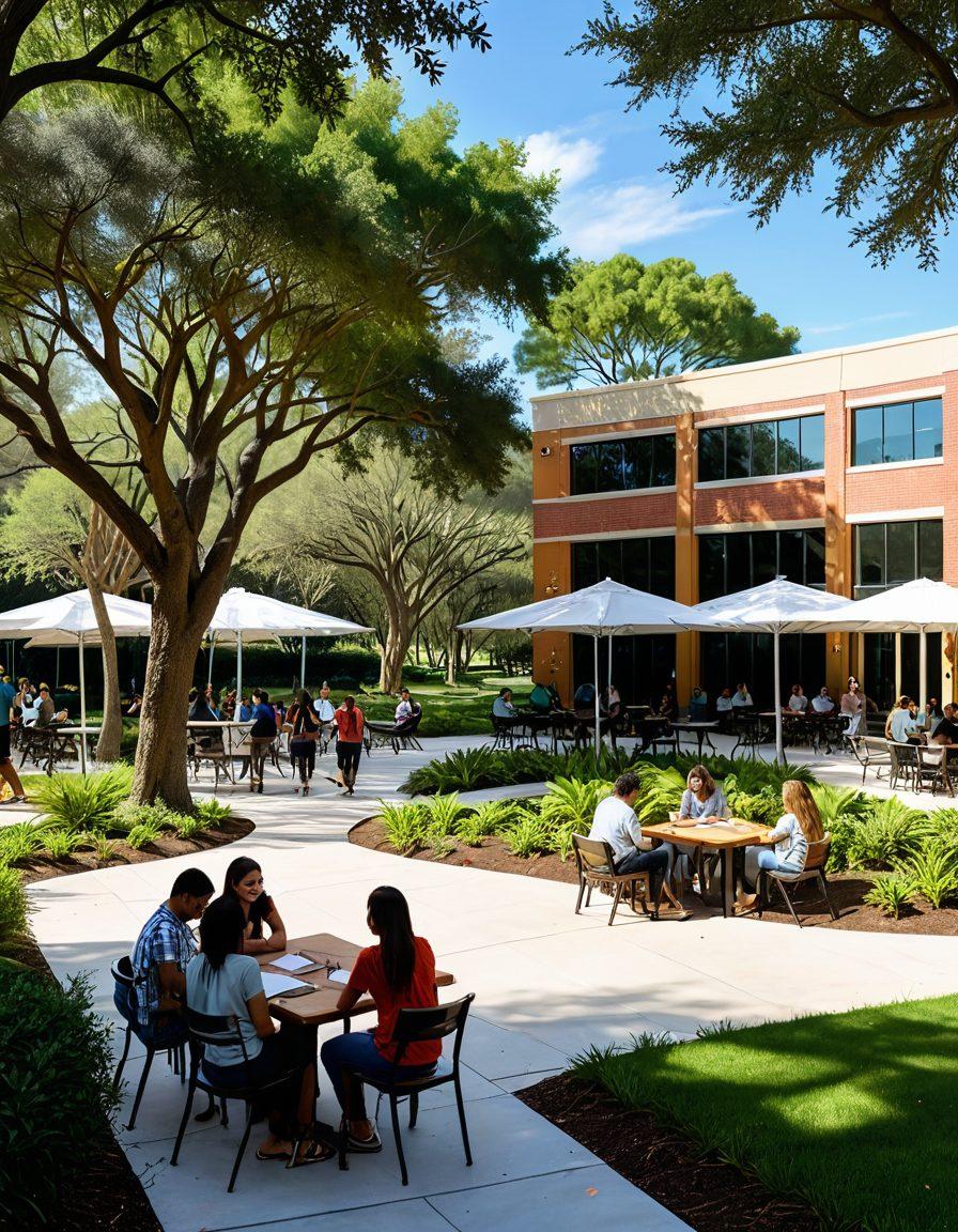 A vibrant depiction of the UCF campus featuring diverse students engaged in various activities promoting mental well-being and academic success. Include a serene outdoor study area with green trees, students in discussion, a wellness center in the background, and uplifting quotes displayed on banners. Bright and inviting colors to convey a sense of community and support. super-realistic. vibrant colors. white background.