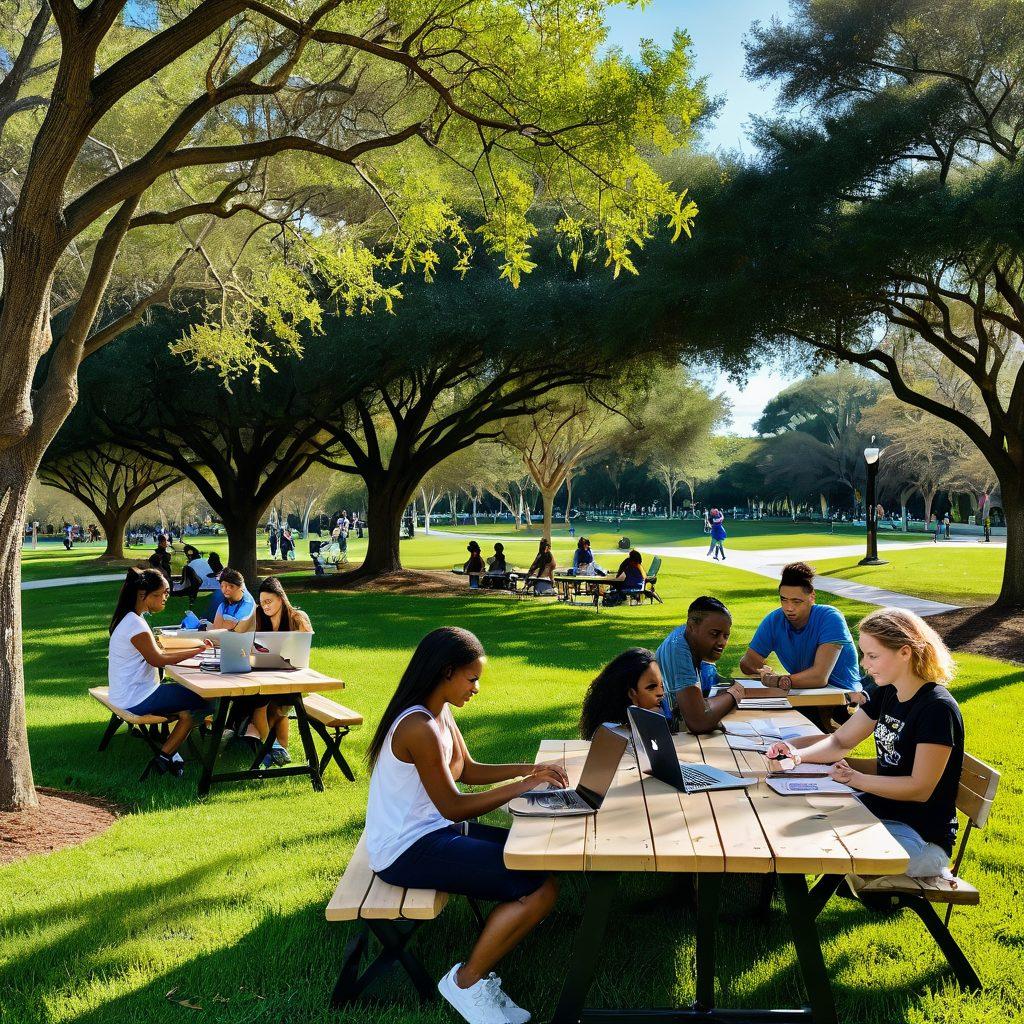 A diverse group of happy UCF students engaging in various activities that promote well-being, such as studying together, exercising outdoors, and using campus resources like counseling and wellness centers. The university's iconic buildings and lush green spaces serve as a backdrop. Bright, uplifting colors to convey a sense of community and empowerment. vibrant colors. super-realistic.